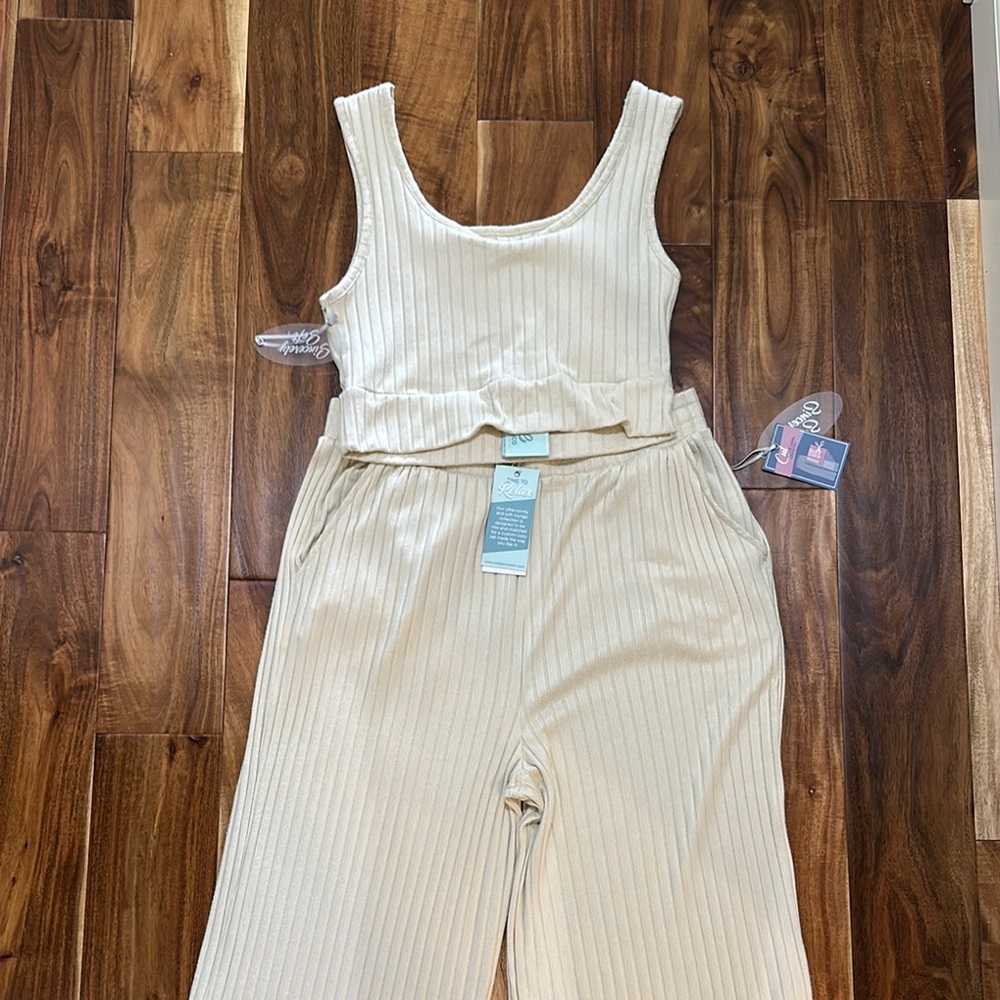 The Southern Shirt Company Cream Ribbed Knit Jumpsuit